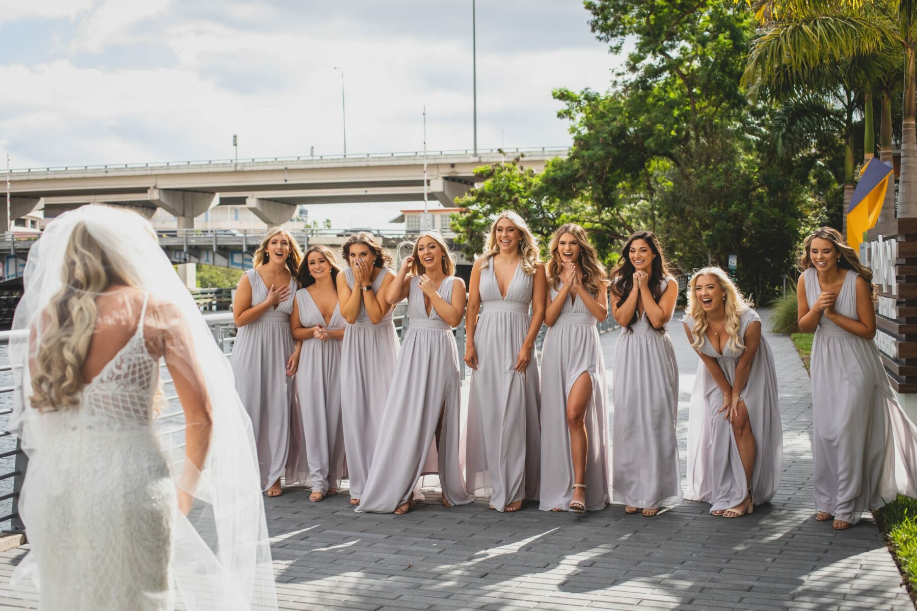 Bride With Blush-and-White Bouquet and Bridesmaids in Brown Dresses in Italy